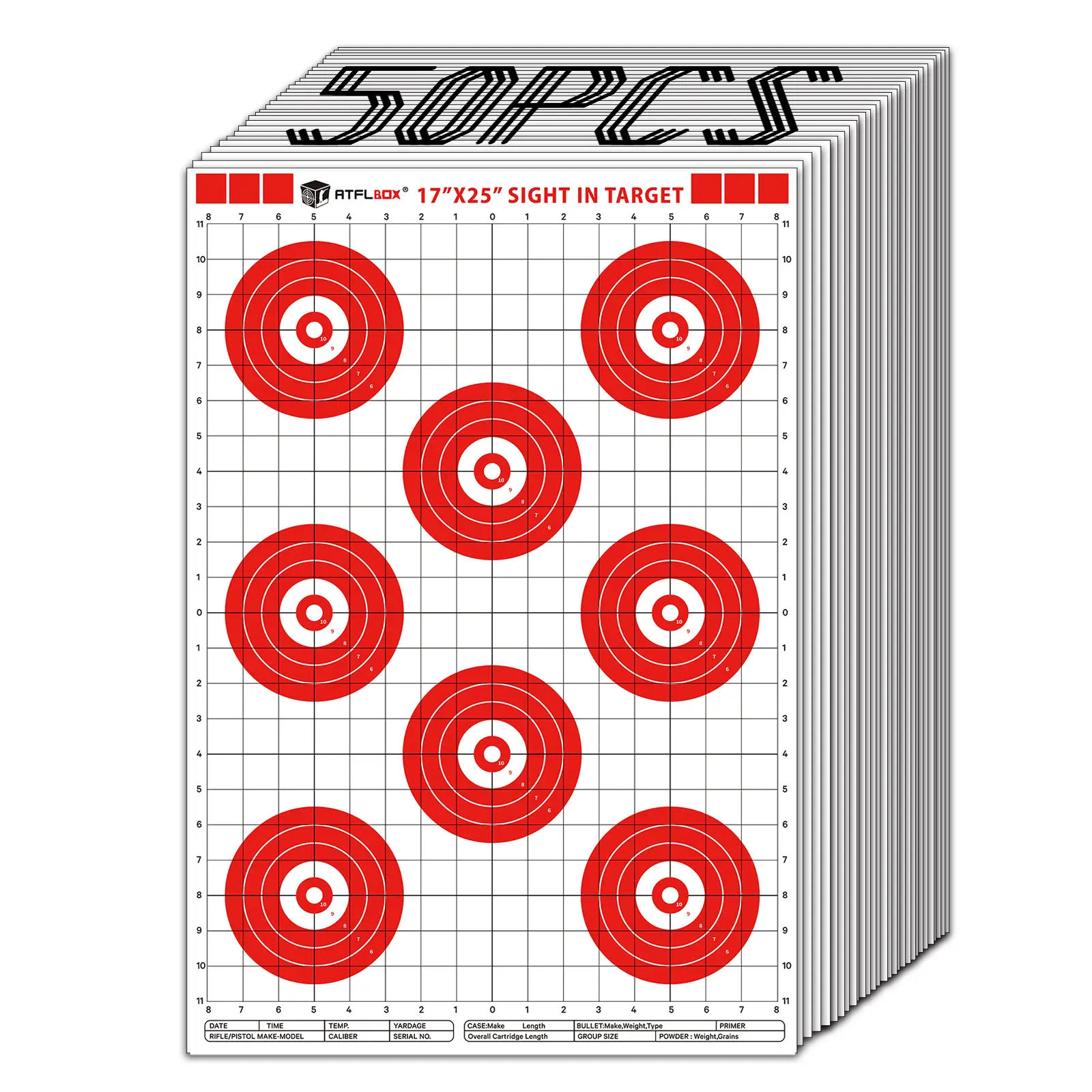 Atflbox 50PCS Bullseyes Shooting Targets - 17x25 in Grid Lines Mountable Paper Targets for Shooting Practice, Sight in Shooting Range Use