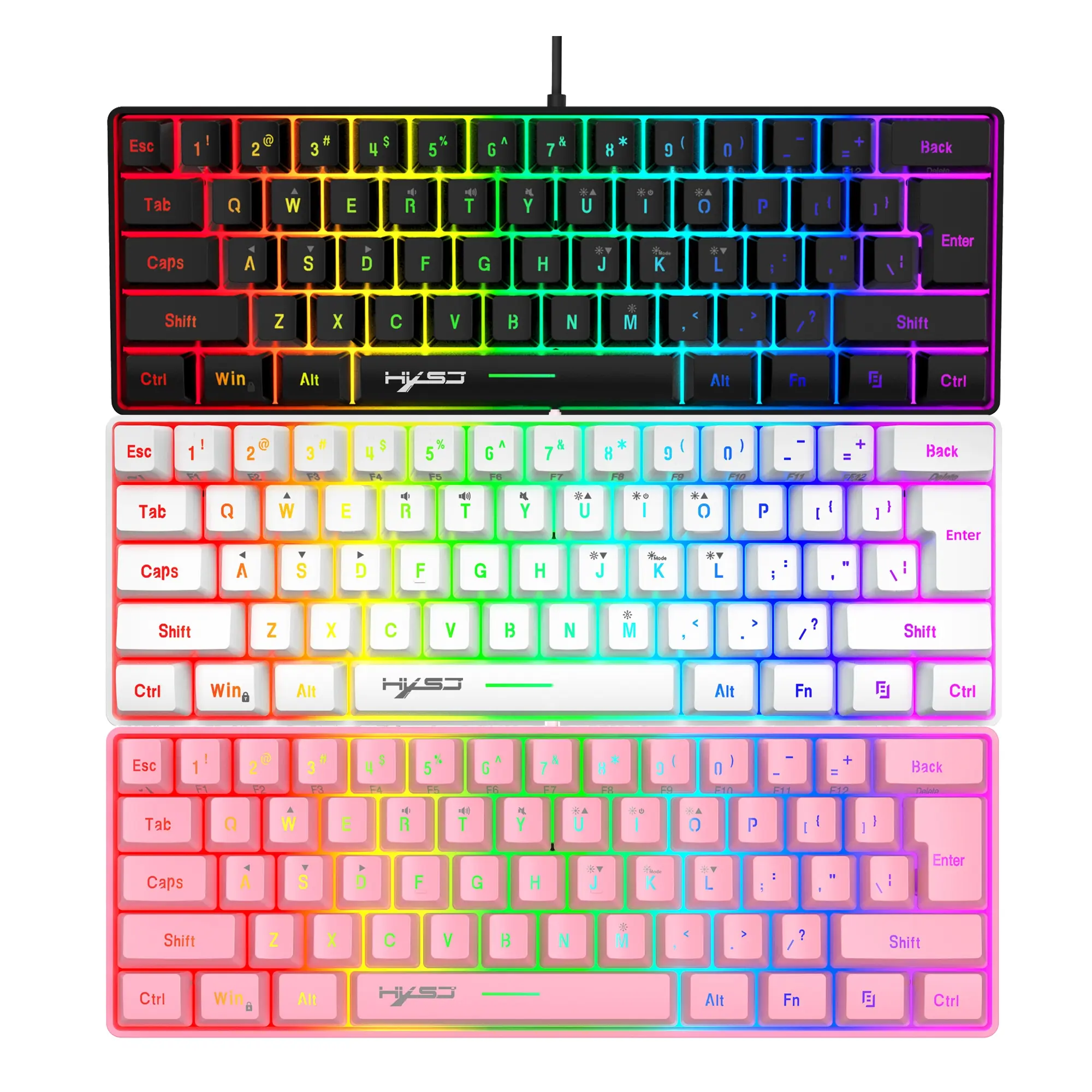 HXSJ New Wired 61 Key Thin Film Keyboard RGB Light USB Plug and Play Dual Color Injection Molding Keyboard Character Illumination Suitable for Games, Office, Home Use