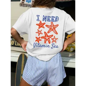 Two-Piece Set Women's Cartoon Starfish Print Loose Fit Round Neck Tee & Short Set, Casual Stylish Preppy Suit for Summer, Airport Outfits for Vacation