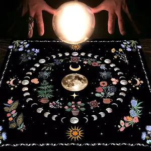 Moonlight Flower Tarot Card Table Cloth - Whimsical Home Decor, Witchcraft Altar Divination Mat, Wiccan Spiritual Table Cover