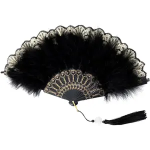 Foldable Feather Fan Embroidered Flower Handheld Chinese Folding Fans 1920s Feather Fan Flapper Hand Fan for Costume Party Wedding Dancing Decoration (Black)