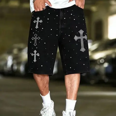Men's Rhinestone Cross Loose-Fitting Knee-Length Black Denim Jean Shorts - Streetwear, Pull-On Bottoms with Stud Accents, Gothic Y2K American Retro, Soft Durable, Tee-Sneaker Match Summer Casual Daily Wear