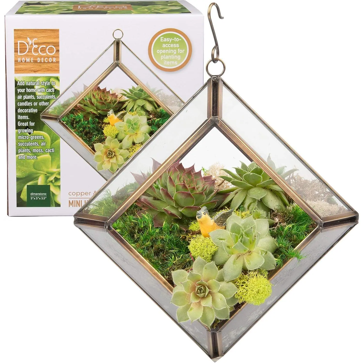 D'Eco Glass Mini Diamond Plant Terrarium (5 x 5 x 3.5") - Indoor Tabletop Copper Geometric Planter Decor - Gift for Plant Lovers