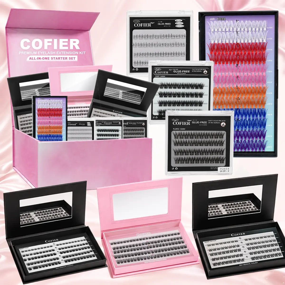 【7-Box Super Gift Set】Cofier No Glue Individual Lash Kit Super Delux Gift Box, Jelly-Coated Self Adhesive False Eyelashes with Tweezers, EasyApplication, Beginner Friendly No Glue Lash Kit 80/90/100Pcs