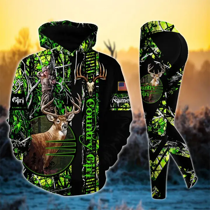 Premium Deer Hunting Skull Pattern Country Girl Personalized 3D Style 9 Combo Hoodie & Legging Set – Custom Hunting Outfit for Women, Outdoor Camo Apparel Gift