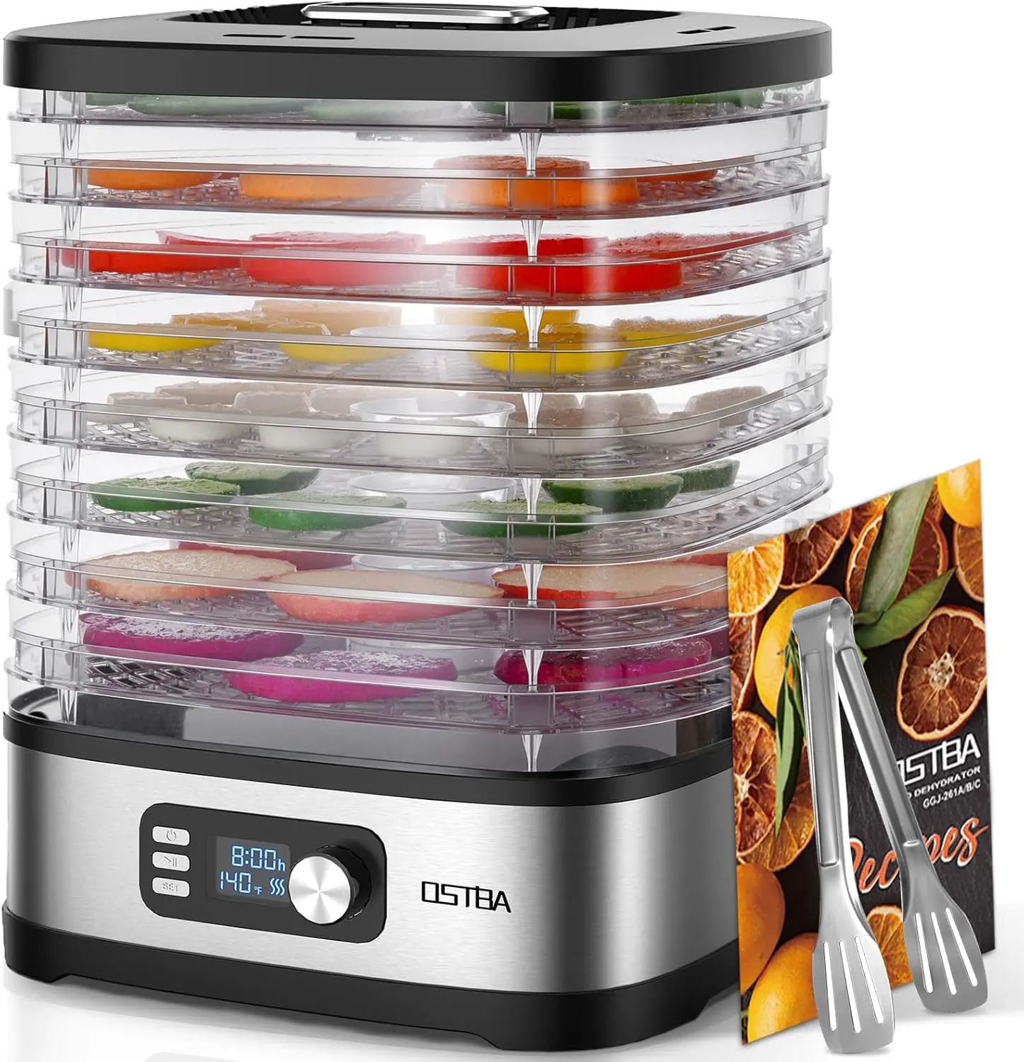 OSTBA 8-Tray BPA-Free Food Dehydrator with 72H Timer, 158℉ Max Temp Control, 360° Airflow, LED Display, Included Accessories (8 Mesh Sheets, 1 Fruit Roll Tray, 1 Tongs, Recipe Book) for Jerky, Fruit, Vegetables