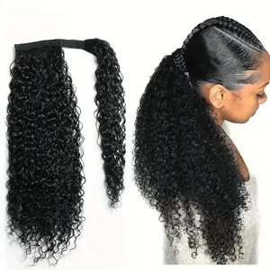 Deep Wave Brazilian Remy Human Hair Ponytail Extension, Long Curly Wrap Around Ponytail with Magic Paste, Natural Black 10-28 Inch 100g/Pack, Soft & Secure Fit for Women