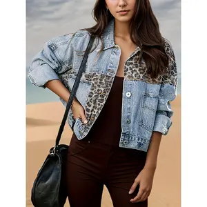 Women's Denim Jacket - Solid Color, Long Sleeved, Leopard Print Patchwork, Single Breasted, Casual Wear