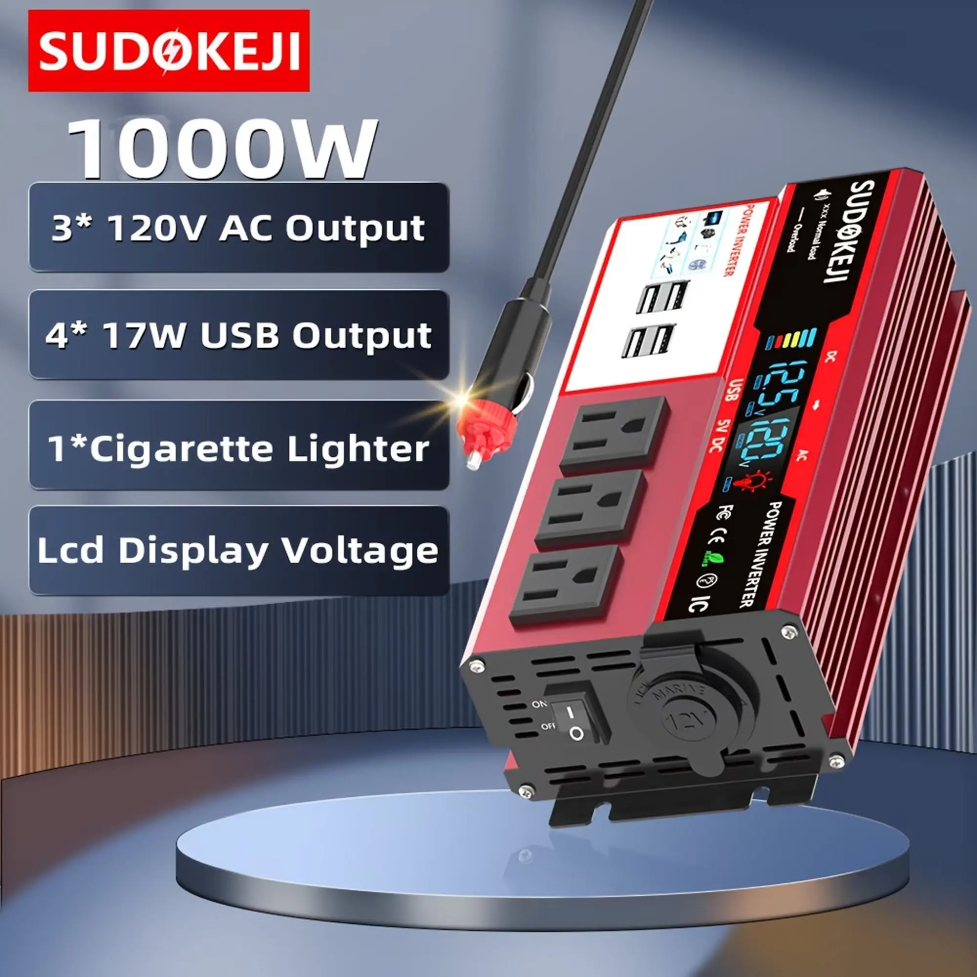 12V to 120V 1000W Power Inverter – for Camping, Road Trips & Emergency, Compact Sports & Outdoor Voltage Transformer with 3 AC Sockets, 4 USB Fast Charging Ports, 60Hz Consistent Frequency, ±10% Stable Voltage