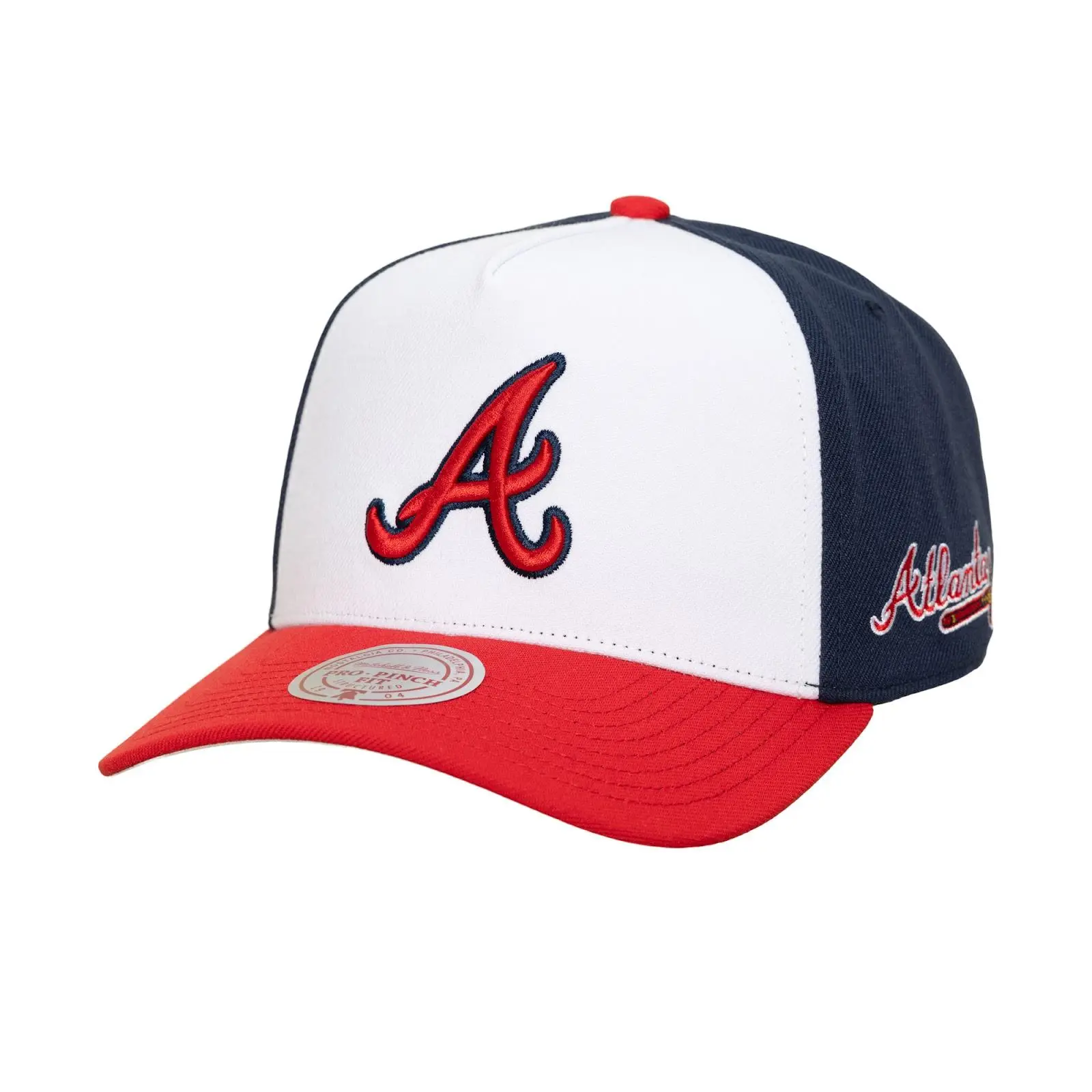 Atlanta Braves White/Navy Legendary Home Pro Pinch Snapback Hat MLB Throwback Cap Adjustable Fan Gear Mitchell & Ness