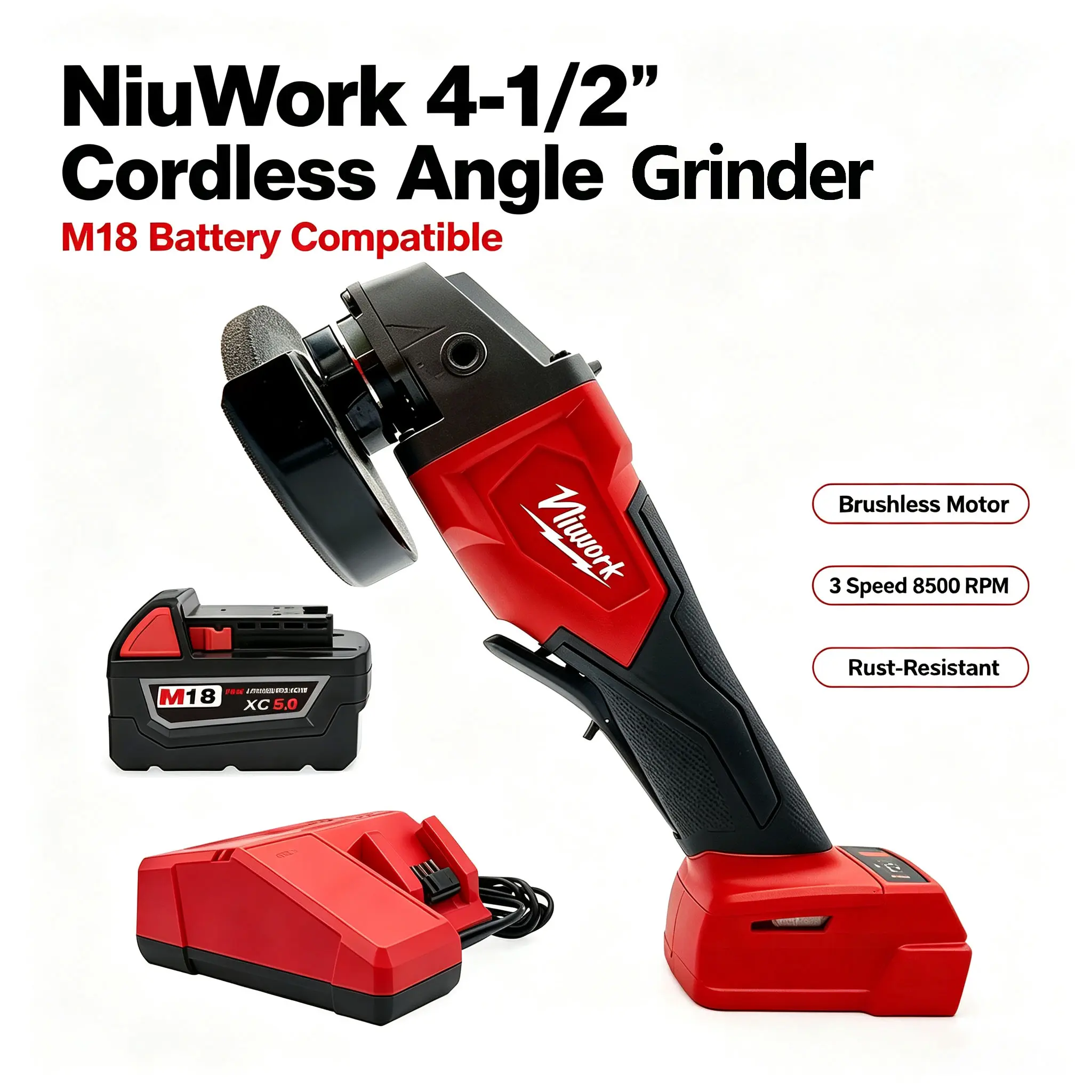 NiuWork Cordless 4-1/2 Inch Angle Grinder, Compatible with M18 Batteries, Power Tool for Metal Cutting, surface rust remova，Grinding & Polishing toolupgrade Angle Grinding Machine Rechargeable Grinding Tool