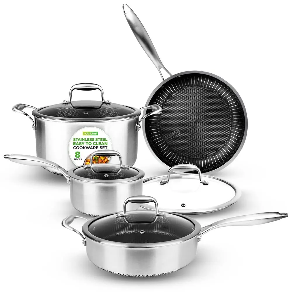 8-Piece Cookware Set | Quick Heat Triply Stainless Steel Non-Stick Pots & Pans with Lids - Scratch Resistant, Dishwasher Safe & Oven Safe - Gas, Electric & Induction Cooktops - Kitchen Cooking Accessory