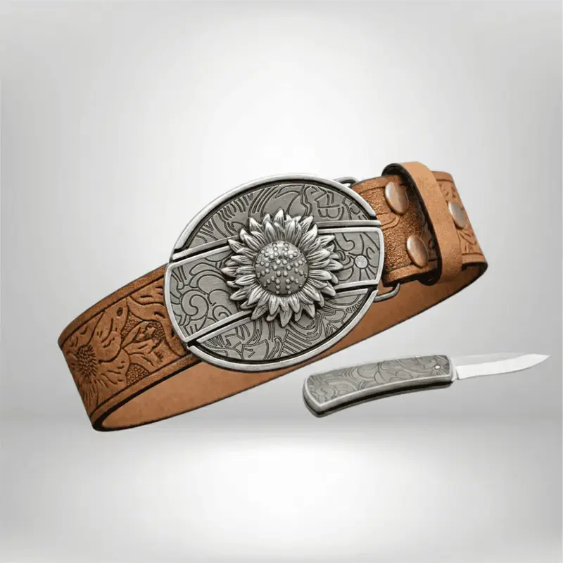 Tooled Leather Sunflower Belt with Engraved Silver Buckle Affilare Western Genuine Leather Sunflower Design Tooled  main image 4