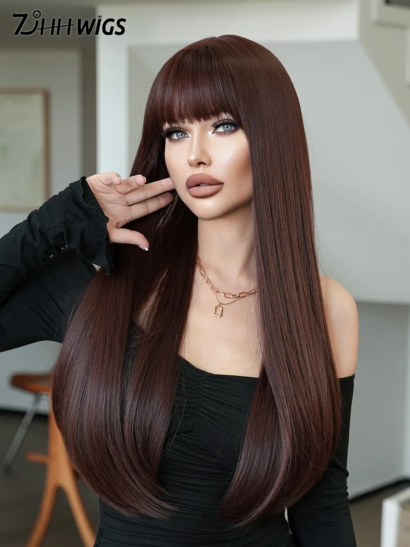 28 Inch Long Mocha Brown Straight Wigs for Women, Gorgeous Fashion Fluffy Wigs with Bangs, Synthetic Full Machine Wigs for Party, Daily Use, Synthetic Soft Wigs, Long Hair Wig