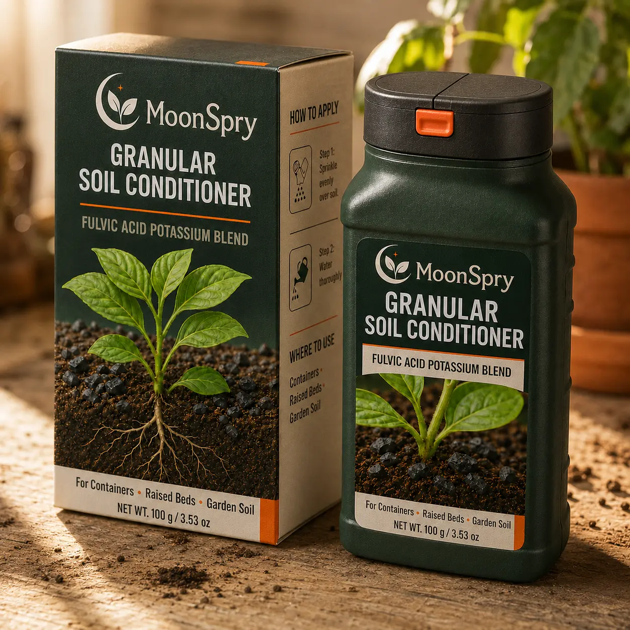 MoonSpry Granular Soil Conditioner Fulvic Acid Potassium Blend for Containers Raised Beds Garden Soil 100g 3.53 oz