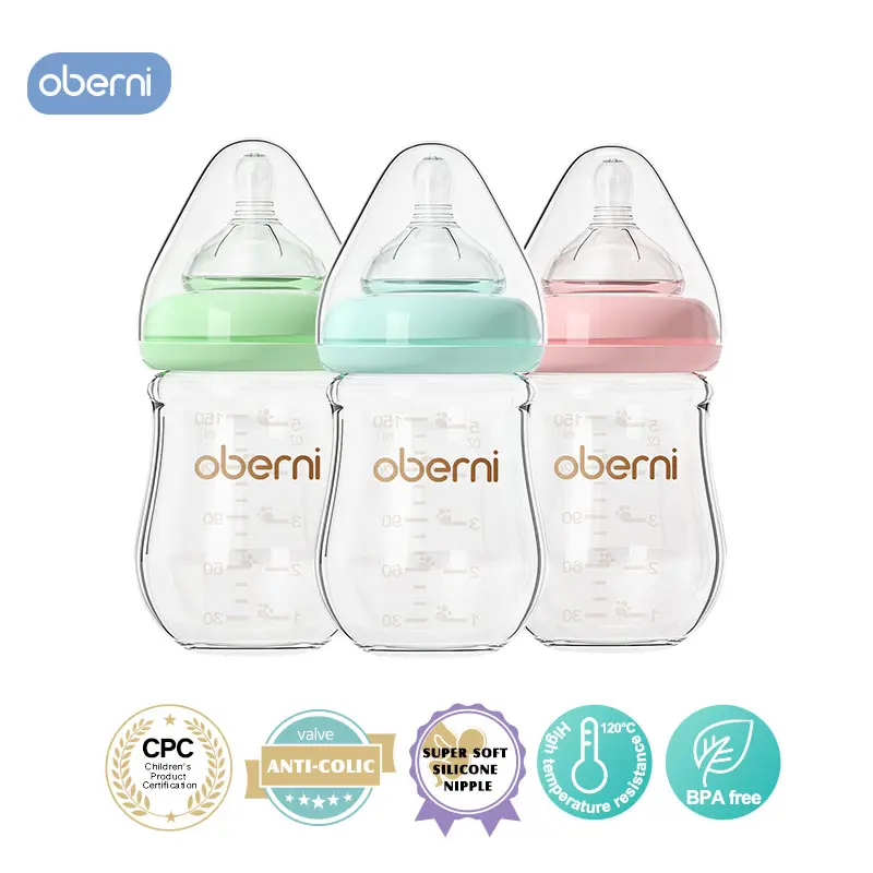 oberni Glass Baby Bottle, 150ml/5oz Anti-Colic & Eco-Friendly, Breastfeeding Bottle for Newborns with Natural Flow Silicone Nipple, Travel & Infant Care