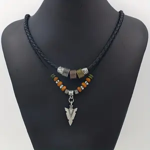 Men's Vintage PU Necklace with Tribal Arrow Pendant Layered Stacked Rope Bead Design, Beaded Jewelry Suitable for Casual & Formal Occasions, Durable for Casual Attire or Special Events