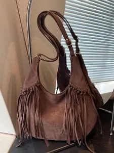 Retro tassel design single shoulder tote bag, personalized  niche texture with adjustable strap crossbody bag, trendy casual daily commuting shoulder bag, versatile in colors, suitable for shopping and travel etc.