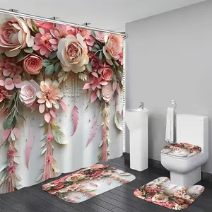 Pink Flower Bathroom Shower Curtain Set, Romantic and Cute Green Plant Floral Polyester Bathroom Decor Set with Shower Curtain and Rugs and Accessories