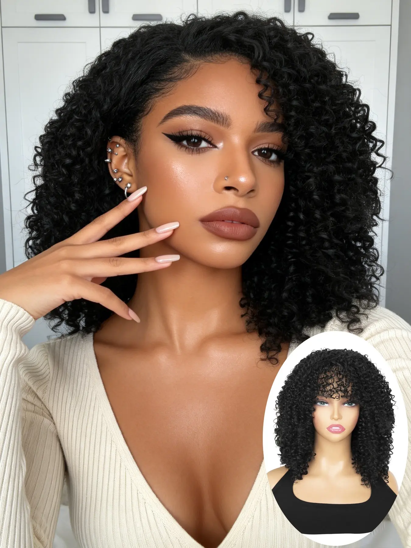14 Inch Black Short Curly Wigs for Women, Natural Looking Gorgeous Fluffy Hair Wigs with Bangs, Synthetic Full Machine Wigs for Party Photography, Daily Use, Daily Wear Wig