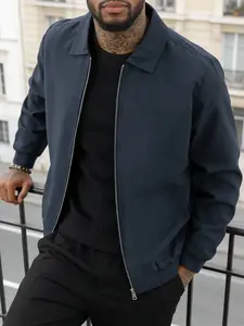 Men's casual jacket with a collar design, Zip Front Neck, zipper closure, 100% polyester fiber, machine washable, simple and lightweight business men's clothing, easy to maintain fabric, suitable for work, travel and formal wear - Spring and Autumn