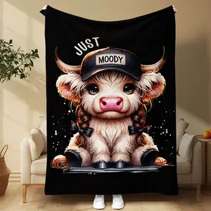 Flannel Throw Blanket, Cartoon Cow Pattern, 1/2-Count Soft Warm Cover for Home & Office, Air-Conditioned Room Napping Use