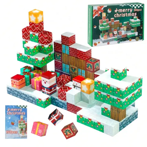 Christmas Magnetic Building Blocks for Kids, 150 Piece Magnet Cube Set with Santa, Christmas Trees and Snowy House Designs, Creative Building Toy for Holiday Family Play