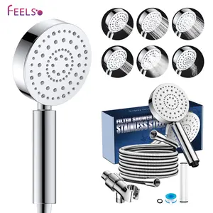 FEELSO Stainless Steel Multi-Filter Handheld Rainfall Shower Head, 6 Spray Modes, High Pressure, Chlorine Removal, Dry Skin Reduction, 72" Length-Adjustable Kink-Free Hose, Brass Faucet-Mounted Holder, Rainfall Showerhead, Length-Adjustable Handheld Showe