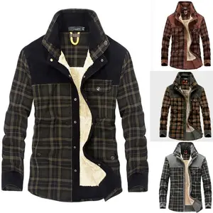 Men’s long-sleeve plaid jacket with sherpa lining and fleece interior, button-down design, warm outerwear for outdoor wear