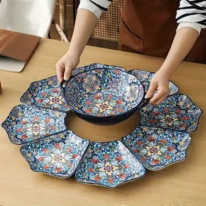 Bohemian Ceramic Soup Plate Set for Vegetables Salad, Soup & Fruit Platter, Microwave Dishwasher Safe for Family Gatherings & New Year Celebrations, Boho Colourful Tableware. Dinnerware Sets