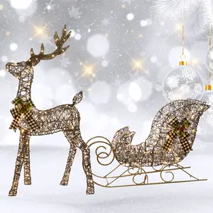 Lighted Christmas Decorations Rattan Deer & Sleigh 2 Pcs - HOYECHI Light up Christmas Decor Deer Set for Indoor Home Outdoor Front Yard Porch with LED Lights, Plug, Ground Stakes-Brown