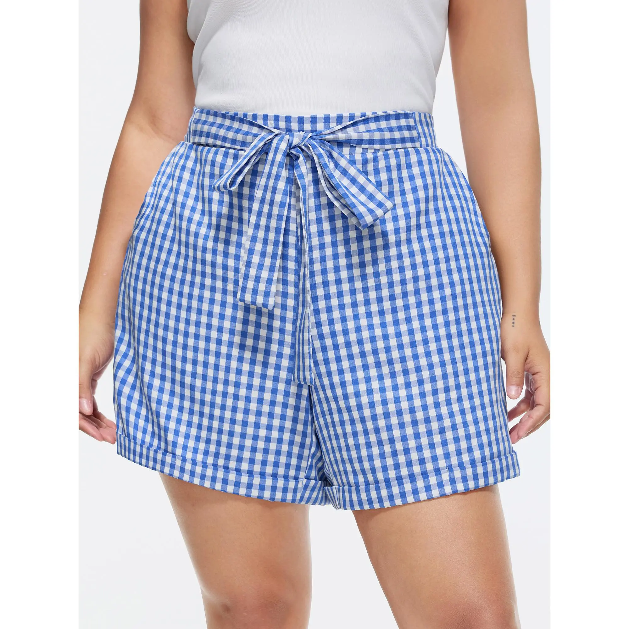 BLOOMCHIC Women's Plus Size Plaid Print Bow-Tie Waist Smocked Smooth Polyester Casual Shorts - M-6X Garment with Pocket for Summer Beach Outfits, Fabric, Plaid Shorts, Playful, Smocked Waist, Short Length