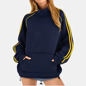 Women's Round Neck Sports Shirt - Retro Sports Style - Hooded Top With nNavy bBlue Stripe Cuffs Loose-Fit Casual Kangaroo Pocket Blouse - Street Style Outfit Suitable For Autumn And Winter Seasons
