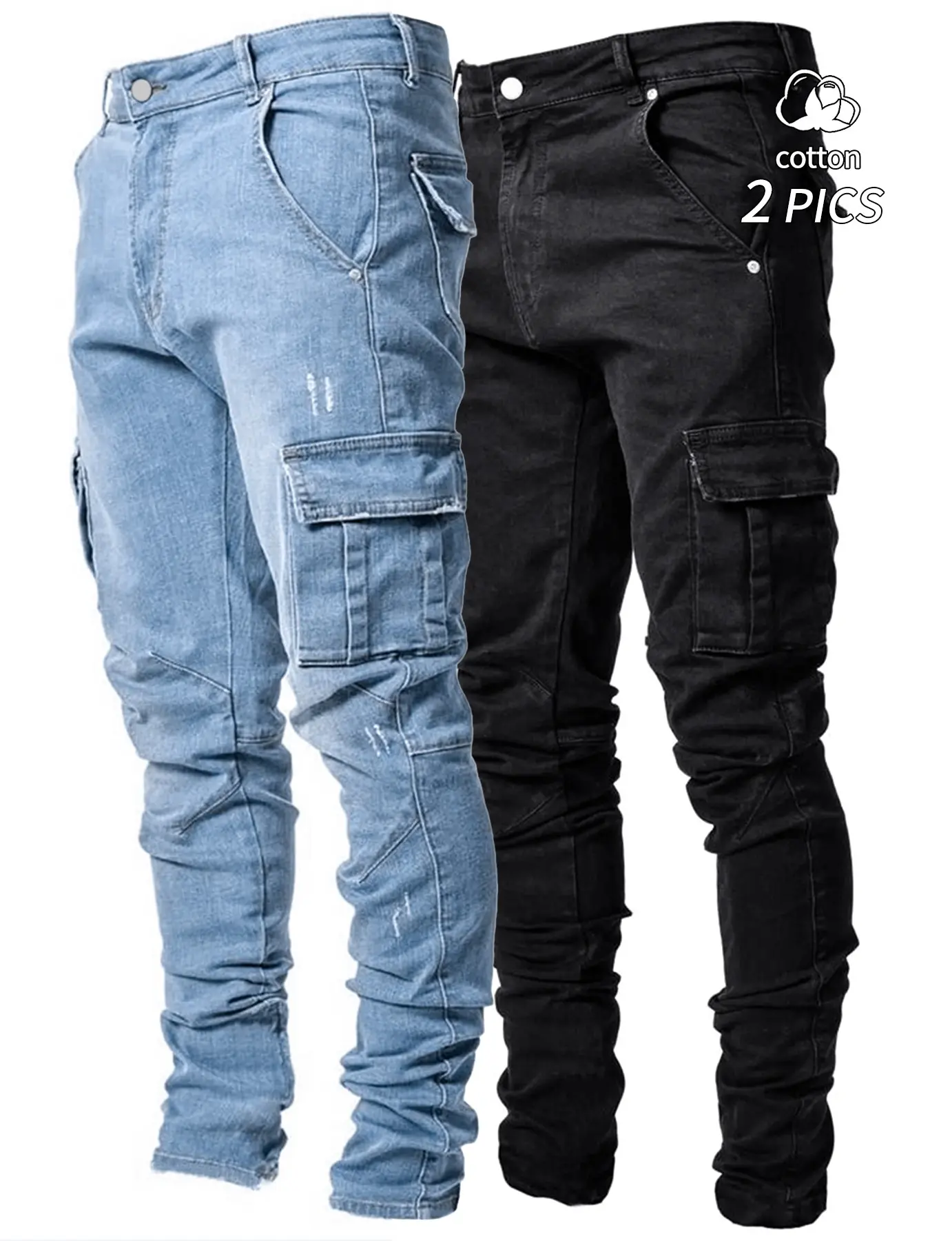 2-Pack Men's Stretch Denim Fabric Casual Comfy Cargo Denim Jeans, Classic Casual Slim-Fit Work Pants with Multi-Pockets, All Seasons Versatile Stylish Tapered Trousers
