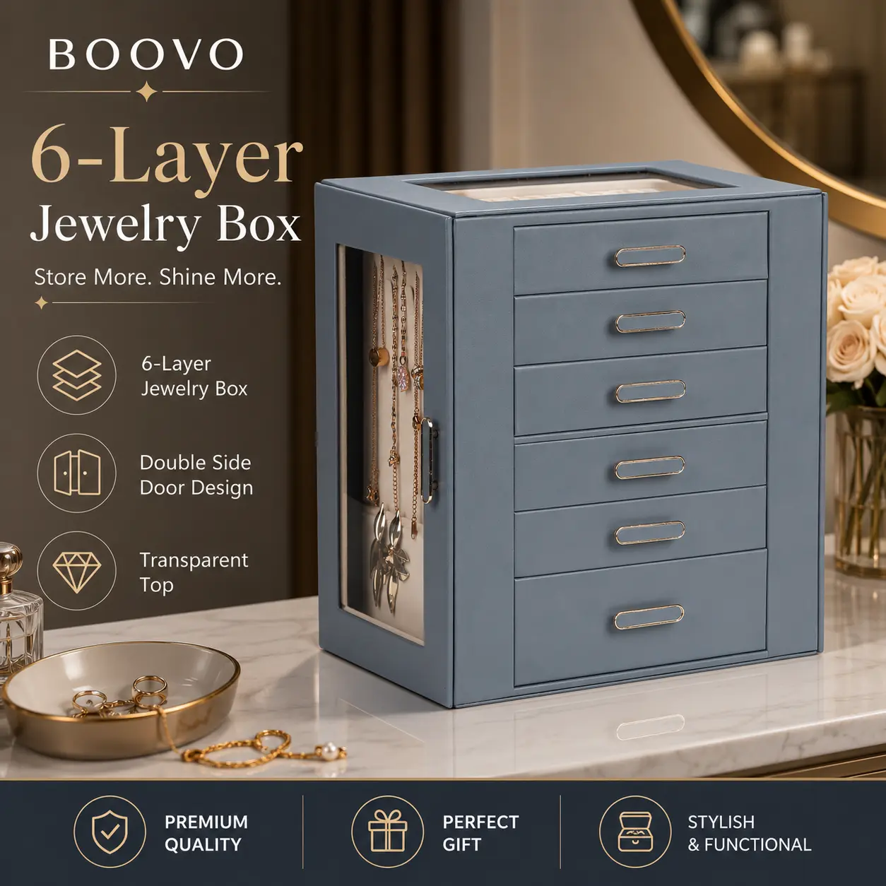 BOOVO（Mist Grey） Large Glass Lid 6-Layer Jewelry Organizer , Double-Side Doors, Antitarnish Dustproof, Lockable Key Lock Large-Capacity Storage Box for Women’s Bedroom Necklaces, Rings,dorm essentials,home decor