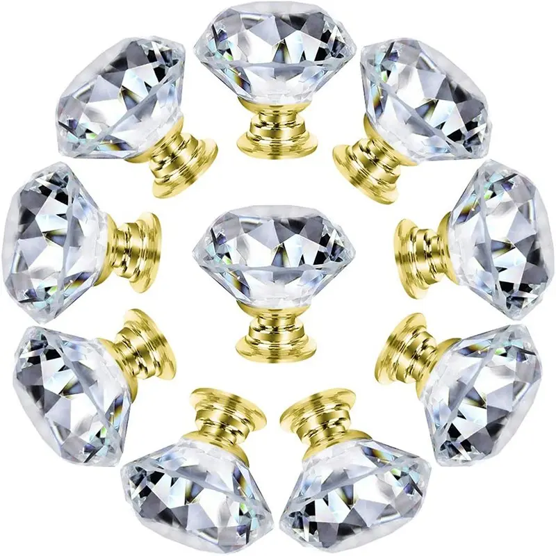 10 Elegant Crystal Glass Cabinet Handles, 30mm Diamond Pull Handles for Wardrobe, Drawer, Furniture Accessories, Crystal Cabinet Knobs