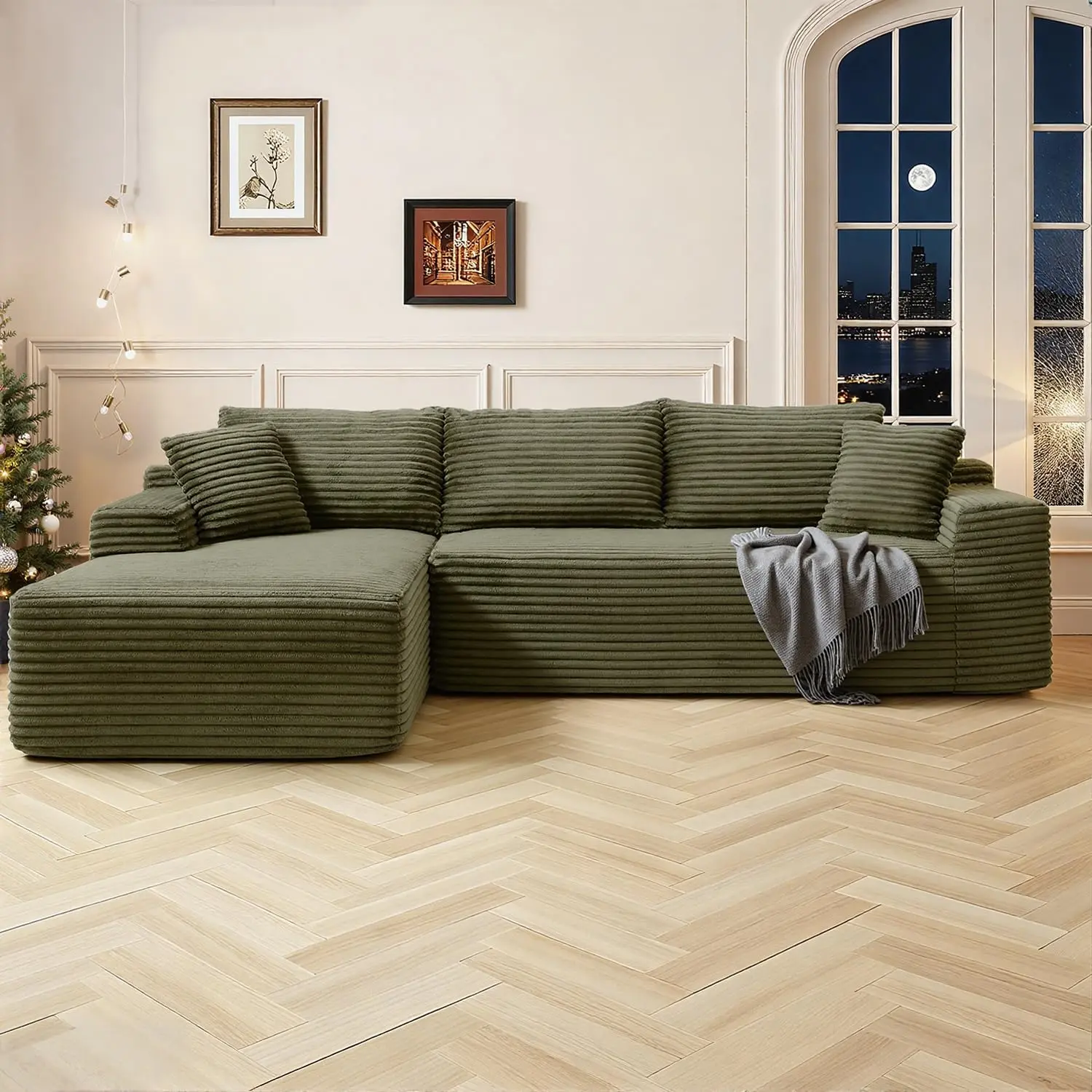 105'' Cloud Sectional Sofa Couch Modern Modular Sectional Sofa with Deep Seat,Corduroy Boneless Couches with L-Shape Chaise for Living Room,No Assembly Required