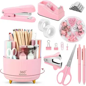 Pink Desk Accessories 10Pcs, Rotating Pen Holder for Desk, Stapler, Staple Remover, Tape Dispenser,2pcs Tape Refills, Binder Paper Clips Kit, Scissor,Pink Office School Supplies