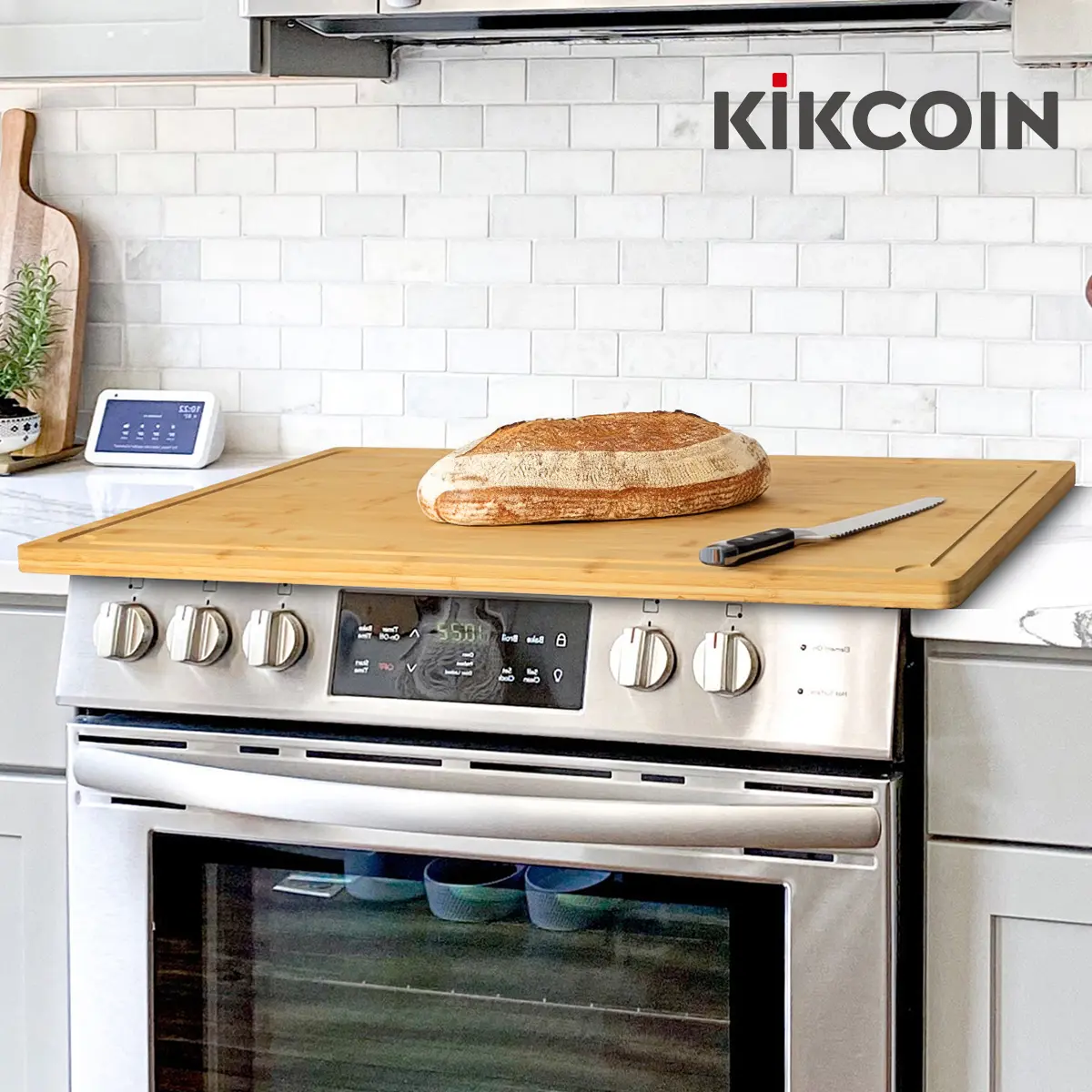 Kikcoin 4XL/5XL Extra Large Bamboo Stove & Gas Oven Top Burner Cover - Bamboo Chopping Board with Handle, Juice Groove, Knife-Friendly for Oil, Cheese Prep, Serving Tray Kitchen Gadget