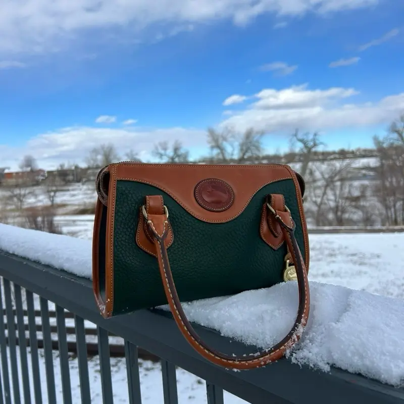 Elegant Green & Brown Leather Handbag with Gold Accents and Adjustable Strap for Everyday Use
