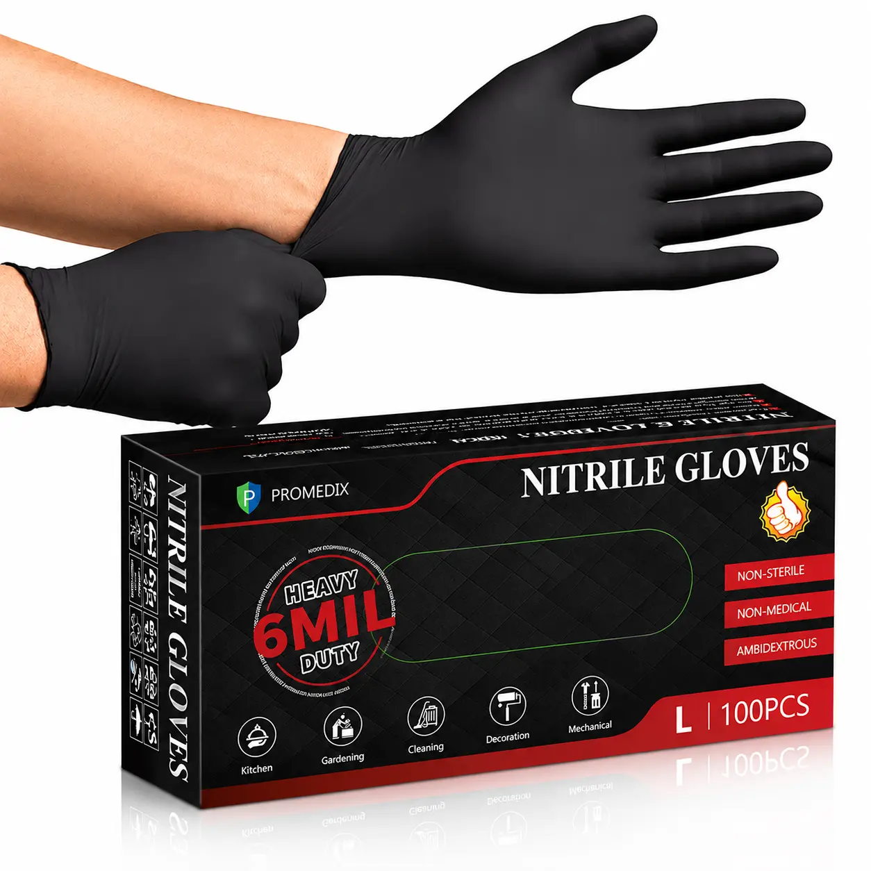 PROMEDIX Black Heavy Duty Nitrile Gloves, 6-Mil, Food Safe, Latex Free, Powder Free, Disposable Gloves for Cleaning, Cooking, Mechanics & Auto Repair, Kitchen & Bathroom Cleaning Gloves, Garage Gloves, BBQ & Grilling Gloves