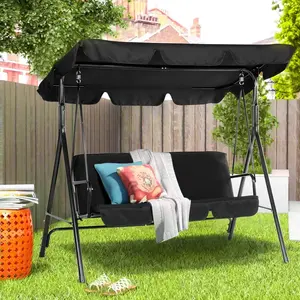 YODOLLA Patio Swings Outdoor, 3-Seat Glider Patio Swings with Removable Cushion and Adjustable Canopy, Porch Bench for Garden, Poolside&Backyard, Black