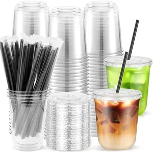 50PCS 12 oz Round Bottom Plastic Cups with Lids and Black Straws, Clear To Go Iced Coffee Smoothie Juice Cups, Disposable Cold Drink Bubble Tea Party Cups for Catering, Christmas, Birthdays, Takeout