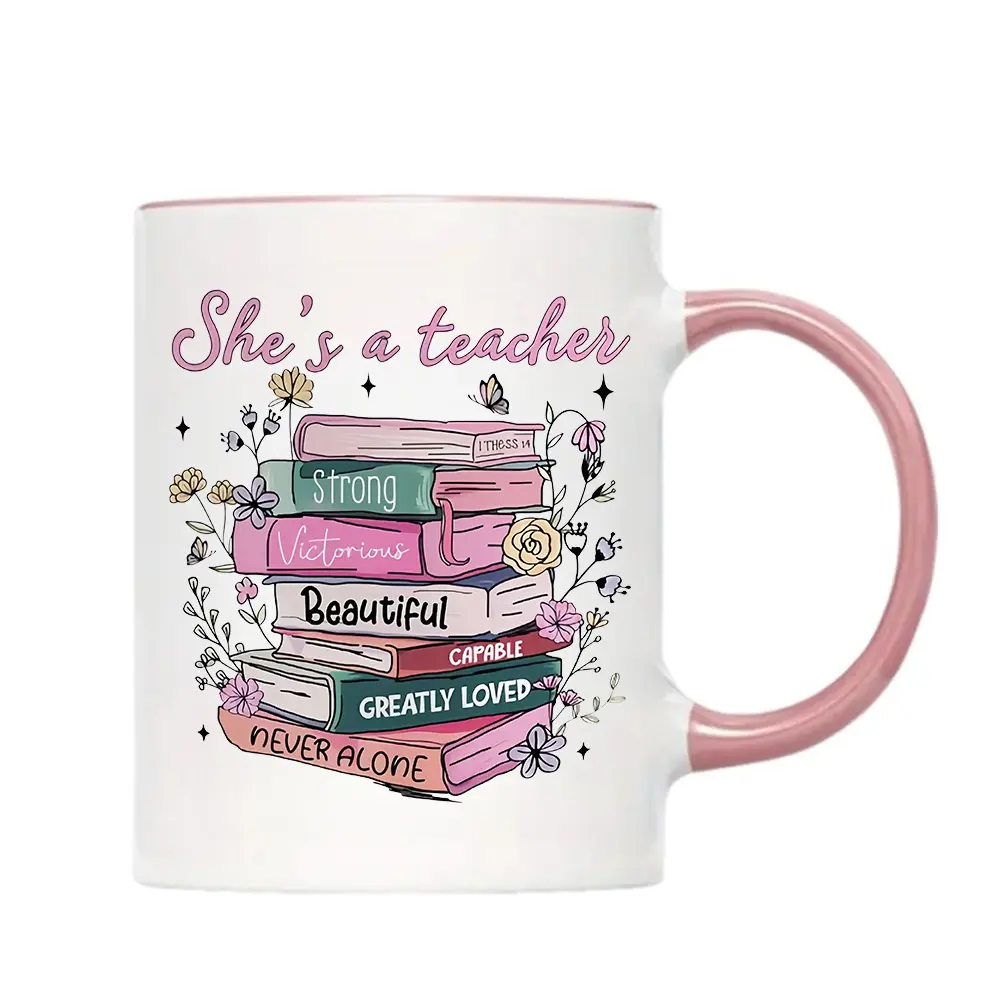 Ceramic Coffee Mug with Handle - 11oz Modern Drinkware, Inspirational Book Stack Floral Art Design, Microwave Safe Teacher Themed Mugs, "Strong, Victorious, Greatly Loved" Appreciation Gift