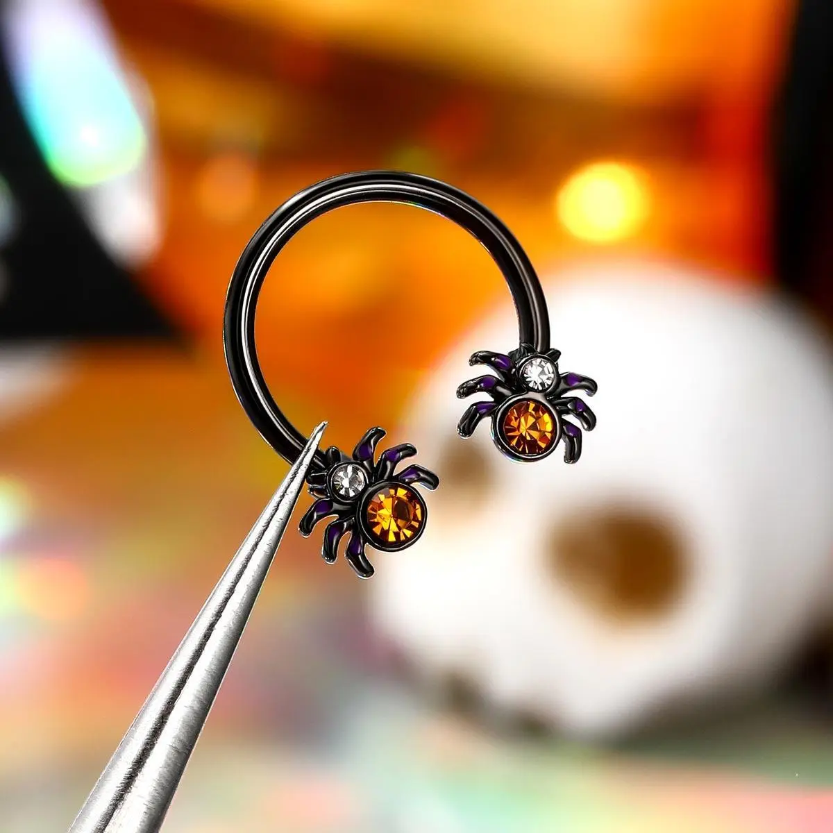 OUFER 16G Unisex Black-Orange CZ Spider Motif Animal Horseshoe Septum Ring - Comfortable Fit Body Jewelry for Nose, Daith Ear Piercings, Halloween, Cubic Zirconia, Fashion, Spooky, 16G Gauge Size, 16G=1.2Mm, Horse Shoe Nose Ring Piercing Jewelry, Faux Nos