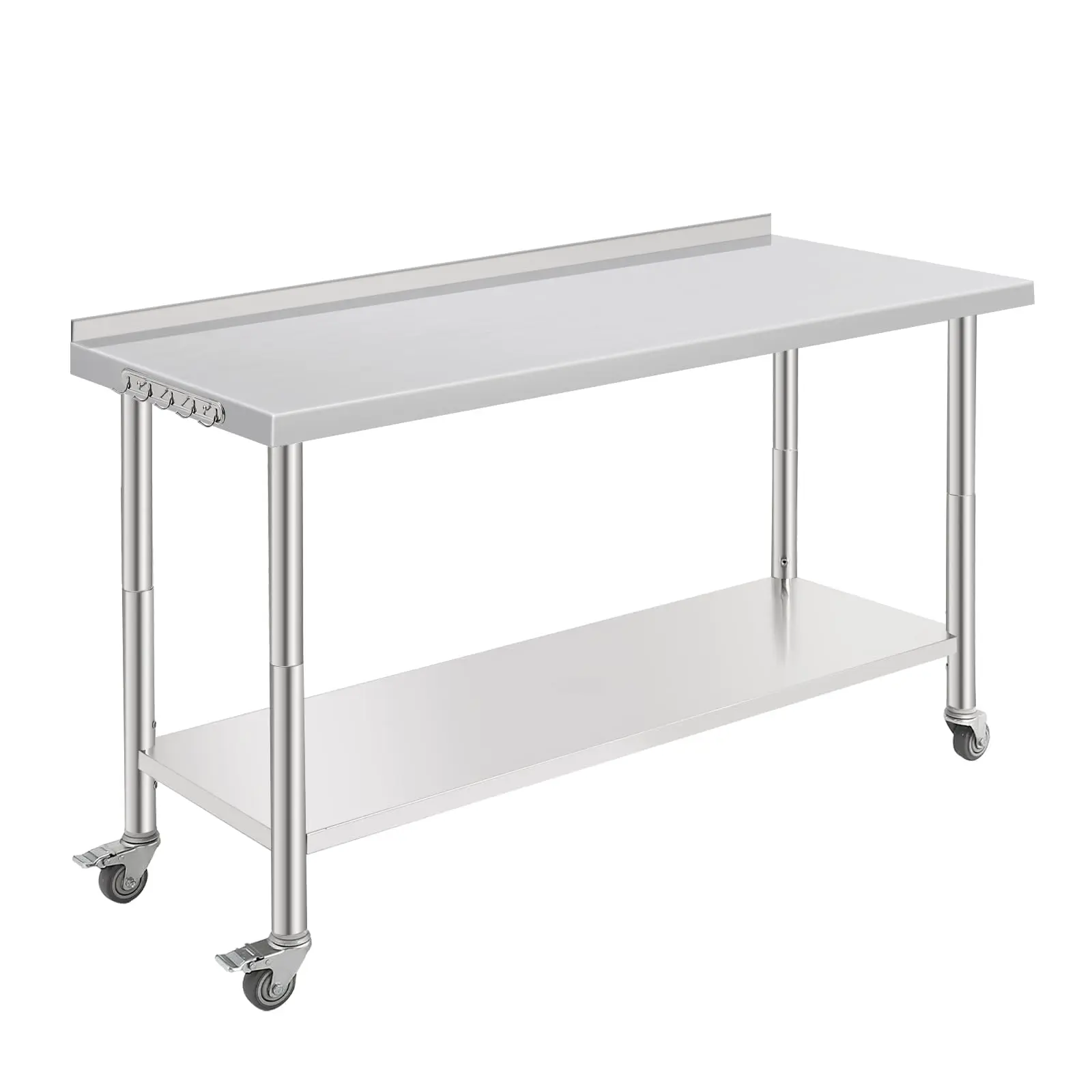 Garvee Heavy Duty NSF Certified Stainless Steel Work Table 60x24x35 Inch with Adjustable Undershelf, Backsplash, Casters, Hooks, and Trash Rack for Commercial Kitchens, Restaurants, Catering, Garage, and Workshop Use
