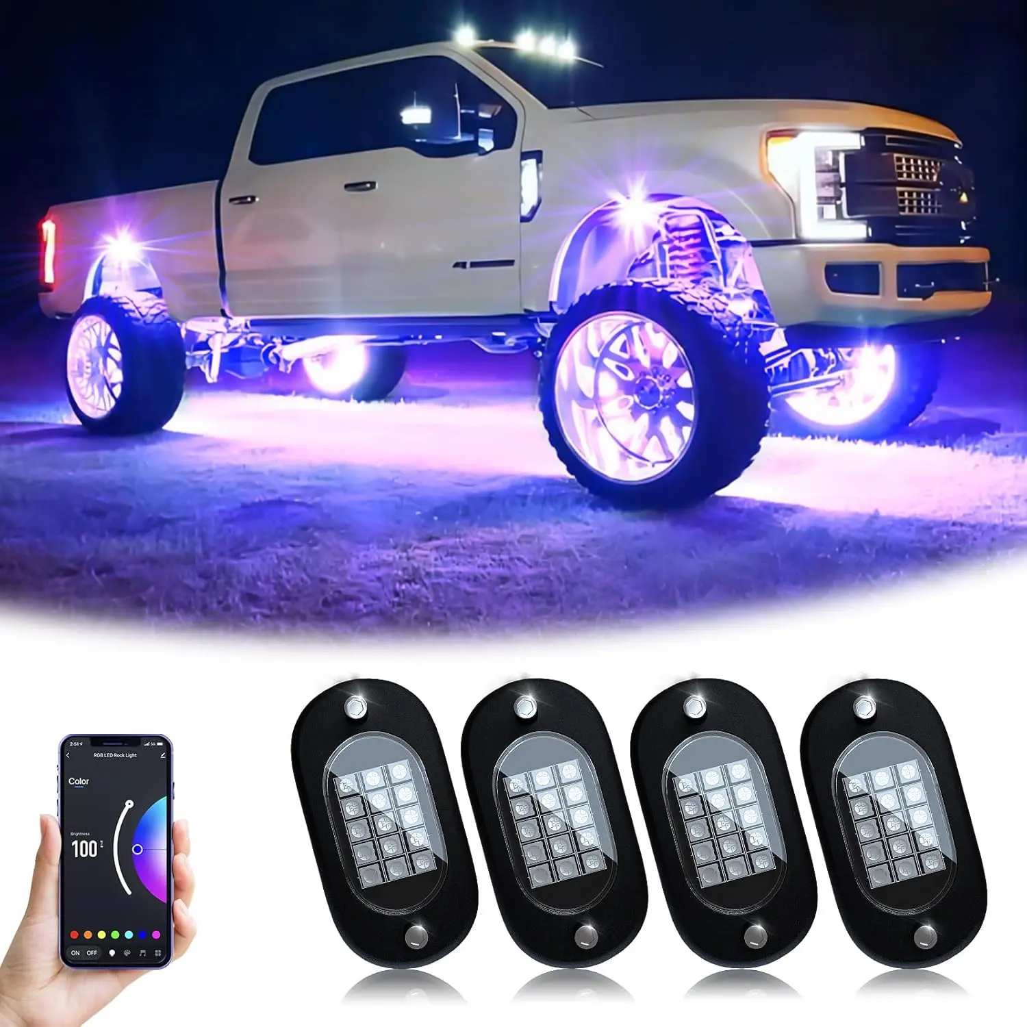 High-End RGB Car Rock Lights Underglow Light Pods (4/6/8/10/12/14), Bluetooth-Compatible App Control, Multi-Color Neon Music Mode, Waterproof IP68, Fit for Truck, ATV, UTV, RZR, SUV, Wheel Lights, LED Car Lights, Car Ambient Lighting, Gift for Men