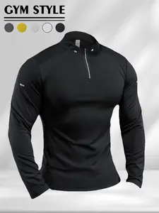 Men's Quarter Zip Gym Long Sleeve Shirt, Muscle Fit Breathable Moisture-Wicking Polyester Athletic Top, Sports Tops, Lightweight Quick-Dry Stretchy Pullover with Reflective Details, Perfect for Workout, Running, Outdoor & Urban Street Style