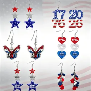 1 Pair Womens 4th of July Star Earrings Independence Day Jewelry Red White Blue Pentagram Dangle Earrings 2026 Summer Party Accessories Festive USA Holiday Outfit BBQ Celebration Statement Earring Gift