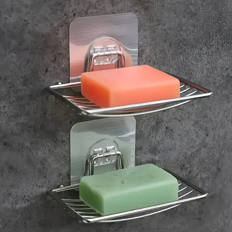 1set/2pcs Stainless Steel Wall-Mounted Soap Dish - Non-Perforated, Space-Saving Bathroom & Kitchen Organizer with Drainage, Modern Minimalist Design for Soap, Toothbrushes, and Toiletries, Soap Holder for Bathroom, Toiletry Storage, Sleek Metallic Finish